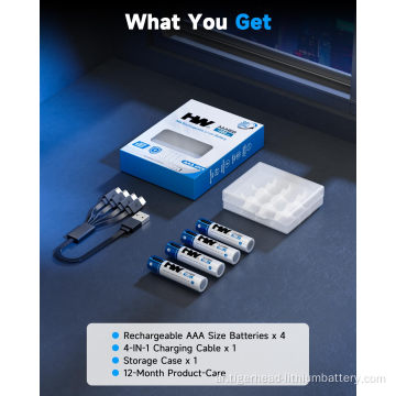 4P 1.5V AAA 1300mWh USB-C بطارية ليثيوم قابلة للشحن